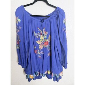 CALESSA Embroidered Top Womens XL BLUE Floral Layered Boho Off the Shoulder